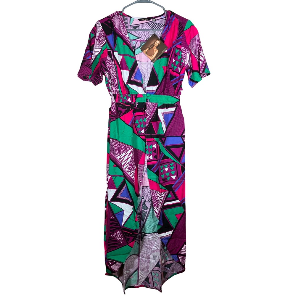 IMAN Global Chic Geometric Print Duster Kimono Coverup Short Sleeve XS NWT